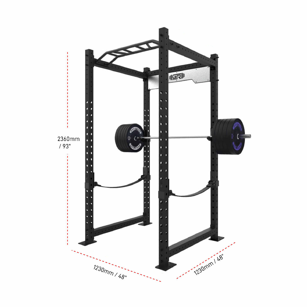 Builder 4-Post Power Cage 4 Depth with multi-grip pull-up bar and safety strap system dimensions