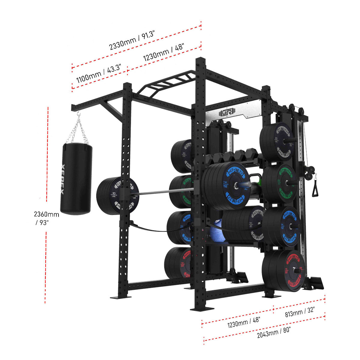 +43" Additional Width if A-Hanger and Punching Bag are added
