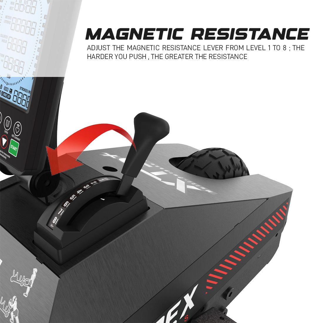 Xebex Fitness XT3 Plus V2 Sled Magnetic resistance level can be adjusted from 1 through 8