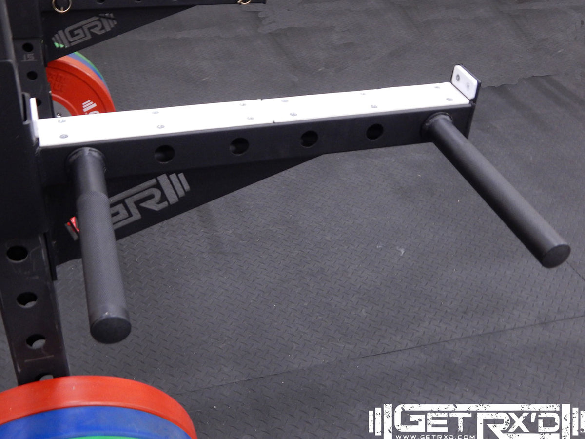 Peg Bars in Builder Spotter Arms can be used for bands for resistance training or a dip station