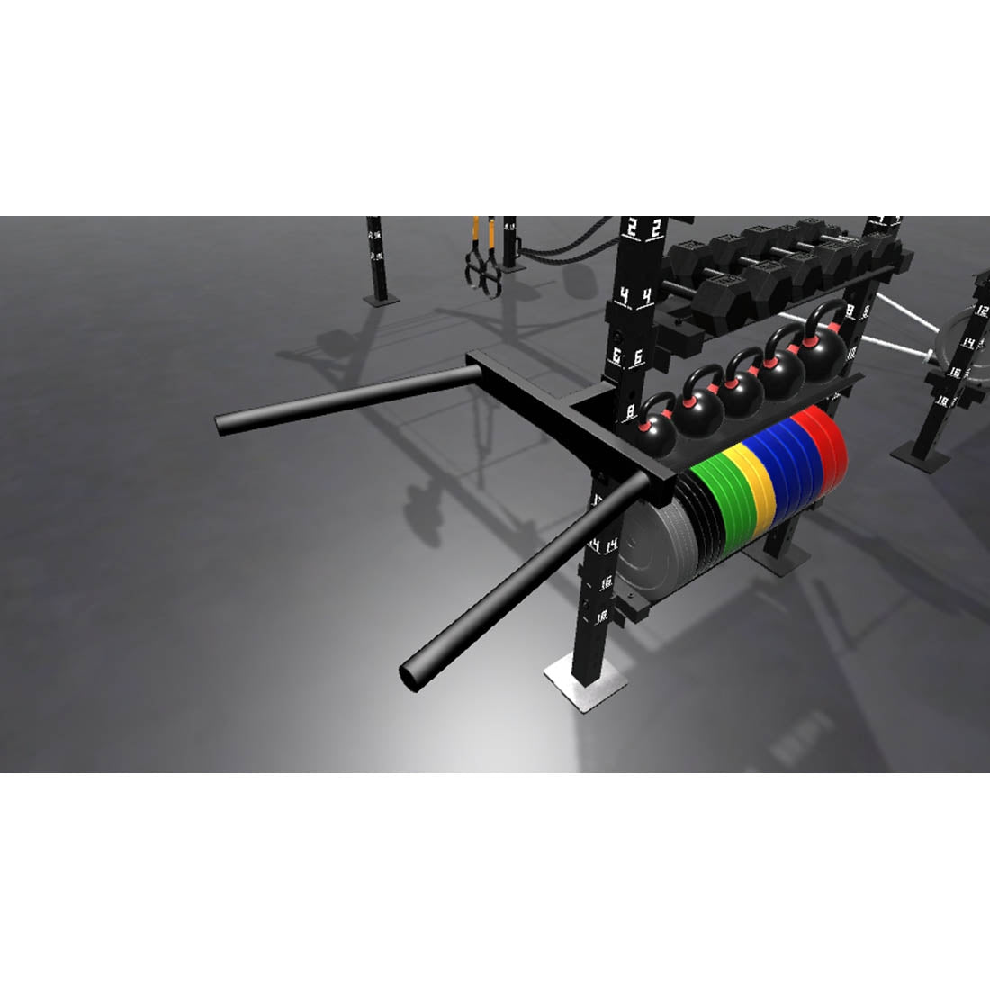 Bars, plates, dumbbells, kettlebells, and other accessories sold separately.