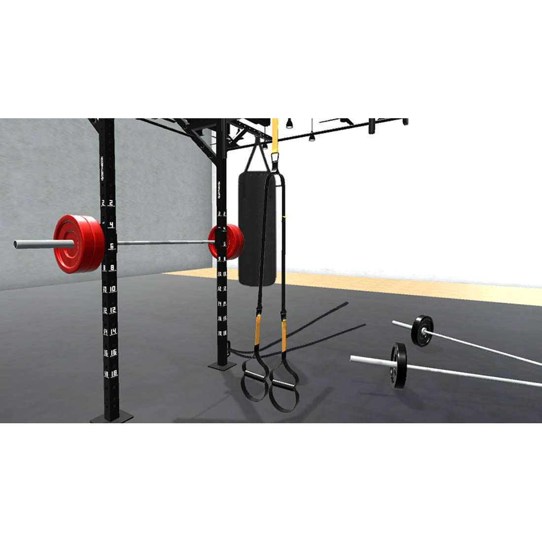 Bars, plates, dumbbells, kettlebells, and other accessories sold separately.