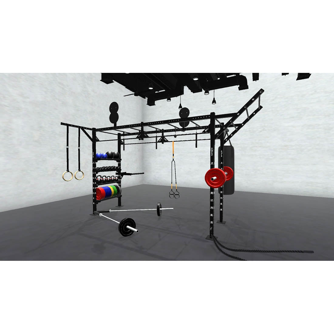 Bars, plates, dumbbells, kettlebells, and other accessories sold separately.
