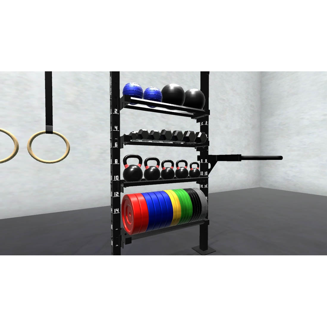 Bars, plates, dumbbells, kettlebells, and other accessories sold separately.