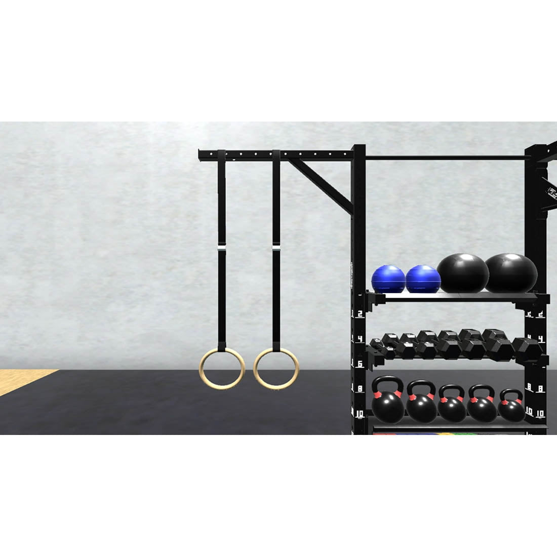 Bars, plates, dumbbells, kettlebells, and other accessories sold separately.