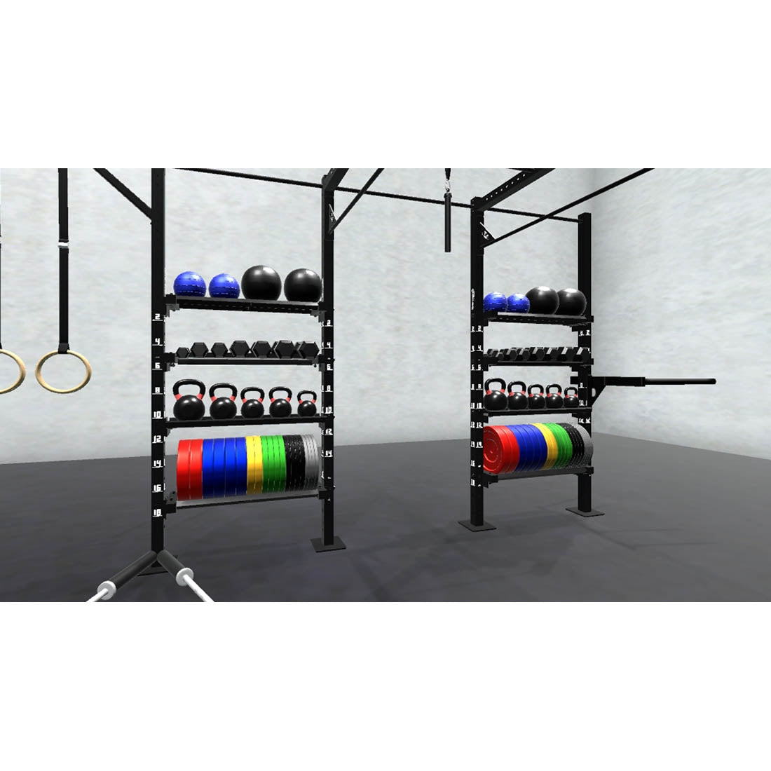 Bars, plates, dumbbells, kettlebells, and other accessories sold separately.