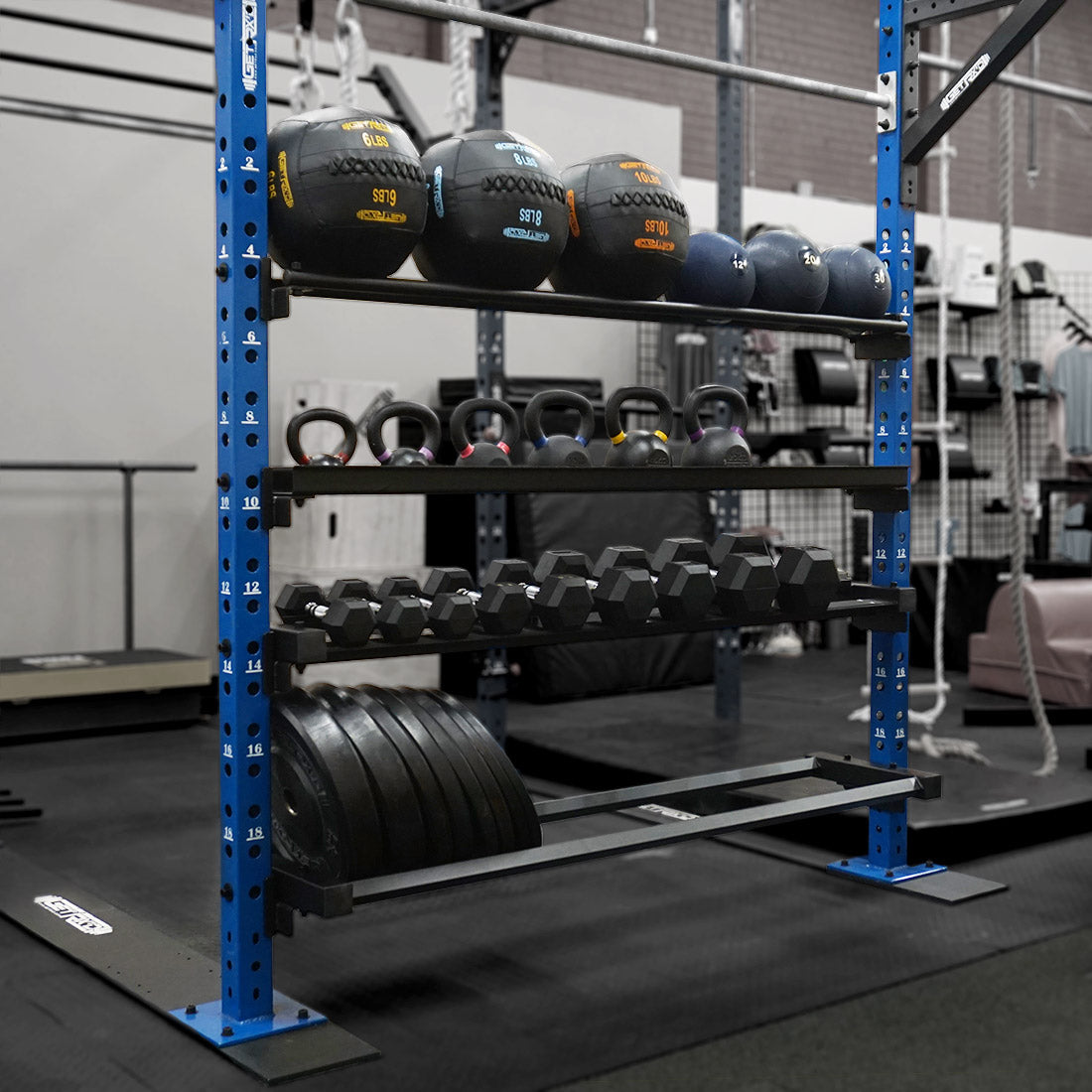 6' Shelves from Top to Bottom: Med Ball Shelf, Kettlebell Shelf, Dumbbell Shelf, Plate Shelf