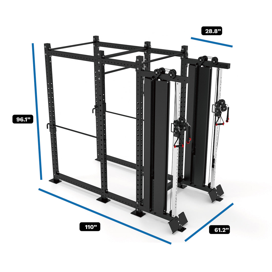 Dimensions of 2x Functional Trainer Single Column Weight Stack 1000 attached to 6-Post Titan Power Rack
