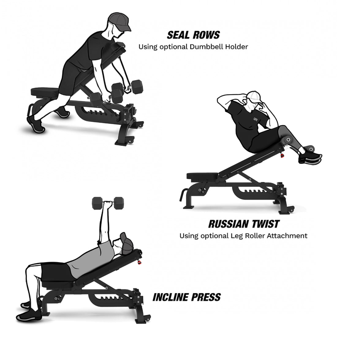 Incline exercises and decline exercises with optional Leg Roller Attachment