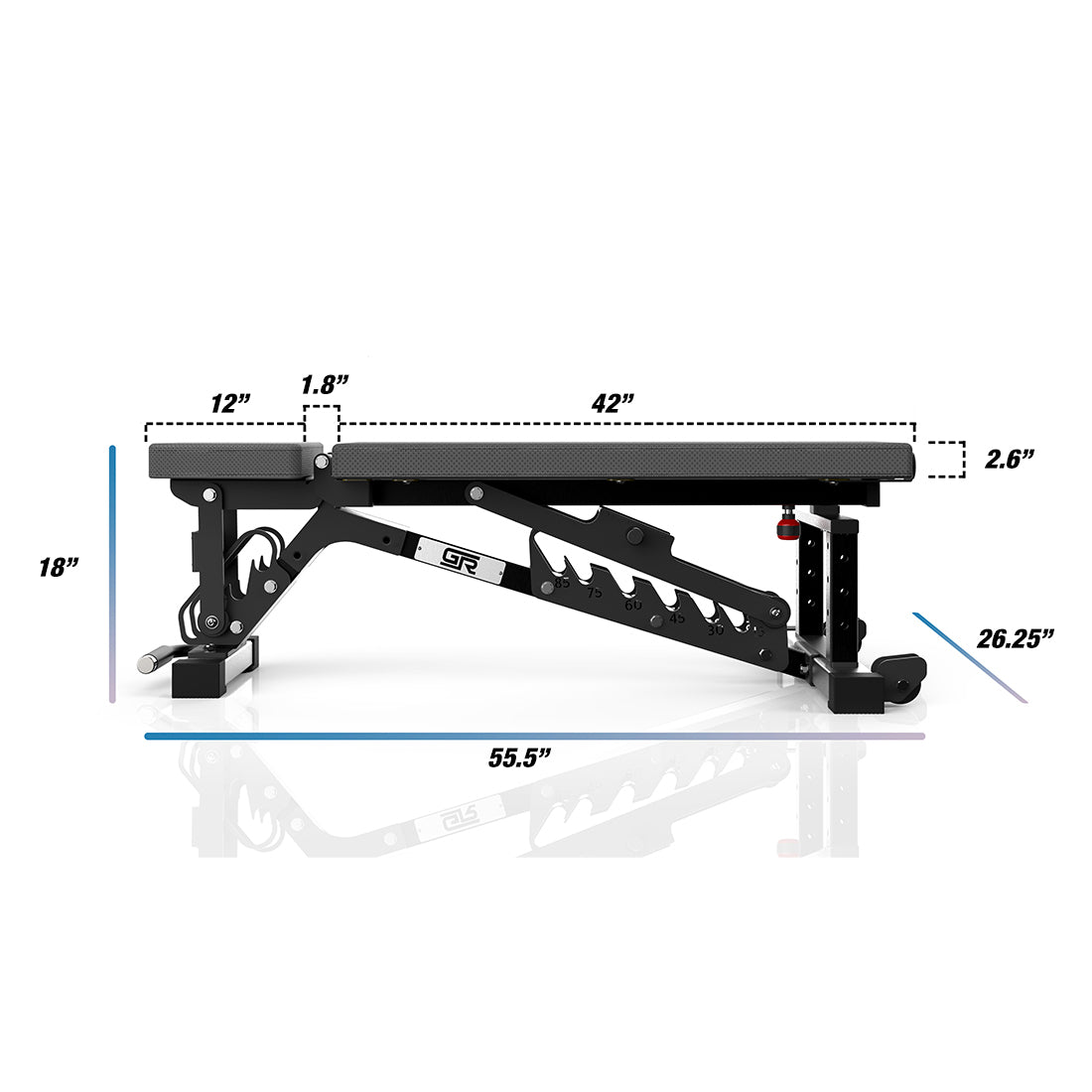 Minimal 1.8" gap between the seat pad and back pad in the flat position. The oversized back pad provides ample length, width, and thickness.