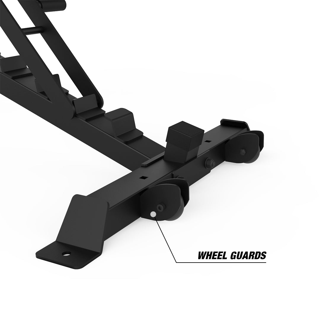Metal guards protect wheels from wear and tear