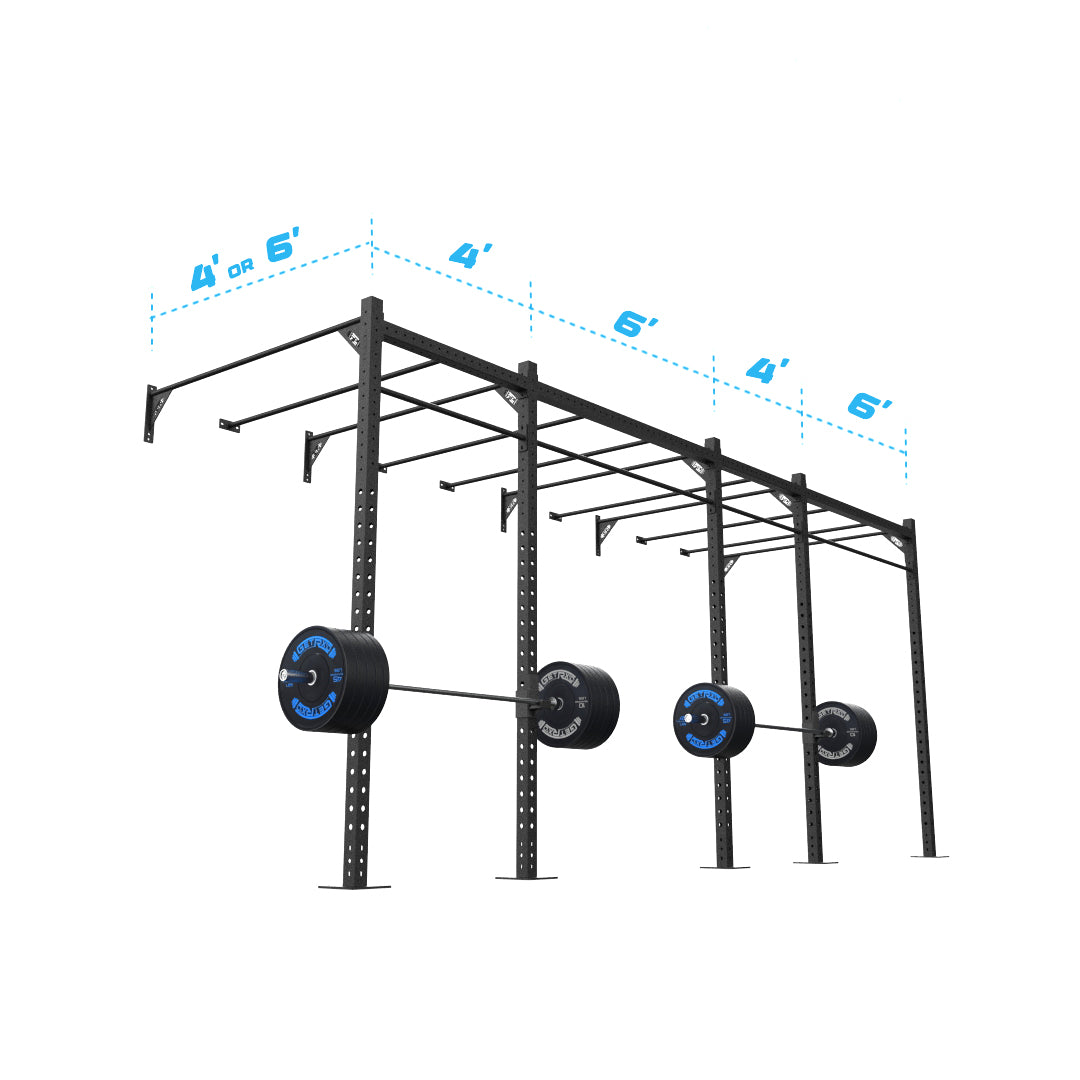 20' Wall-Mount Builder® Pull Up Rig: Intermediate 1 w/ 2' Monkey Bar Spacing length and width dimensions