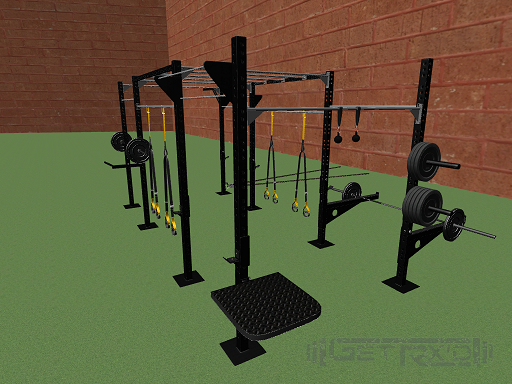 Step Up Platform, Plate Sleeves, and Multi-Heigh Pull Up Bars (Back Left View)