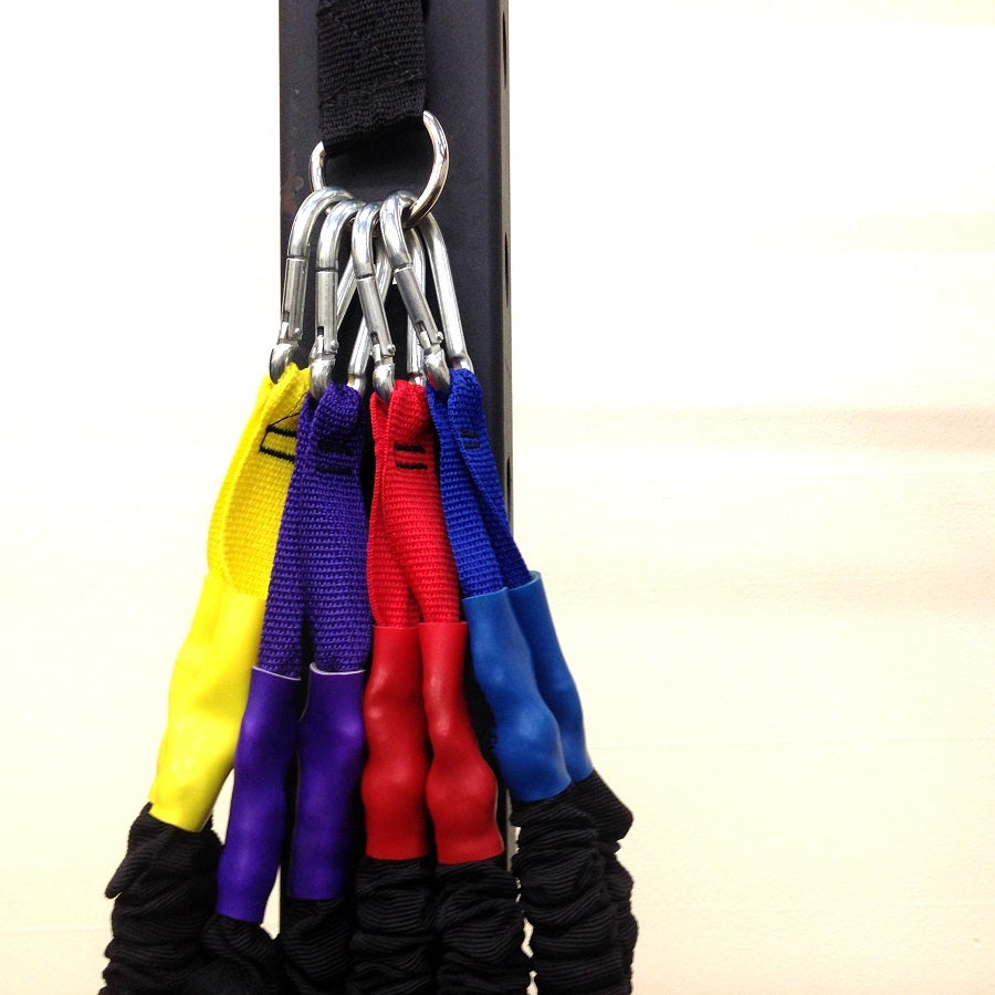 Includes anchor to wrap around upright tube, cross bar, pull-up bar, etc.