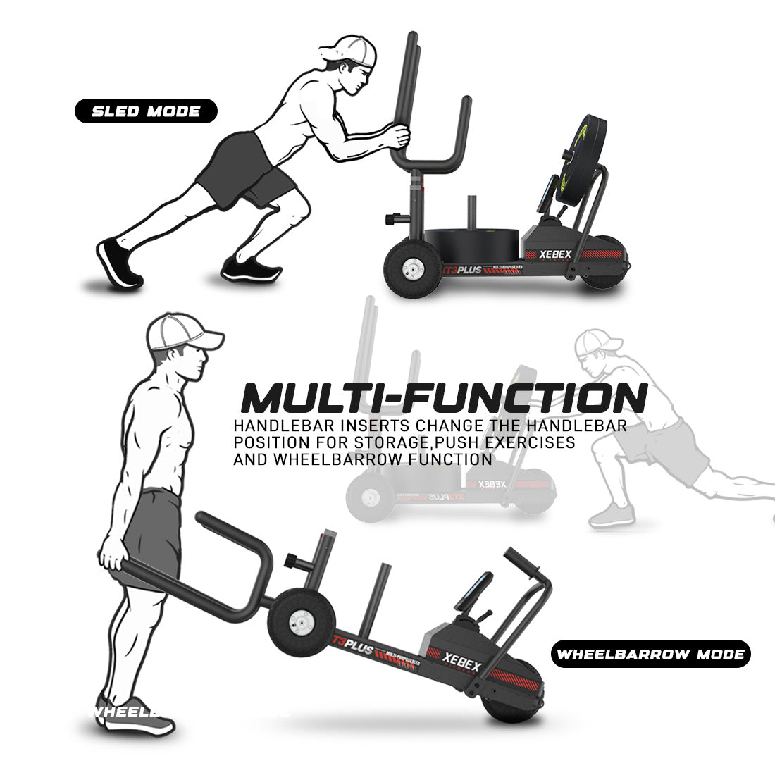 Xebex XT3 Plus V2 Sled allows user to move the tri-handlebar from the upright sled push position into the horizontal wheelbarrow slow for changing from sled mode to wheelbarrow mode