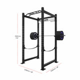 Builder 4-Post Power Cage 4 Depth with multi-grip pull-up bar and safety strap system dimensions