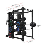4-Post Builder Power Rack (4' Depth): with optional functional trainer system, plate sleeves, and shelving dimensions