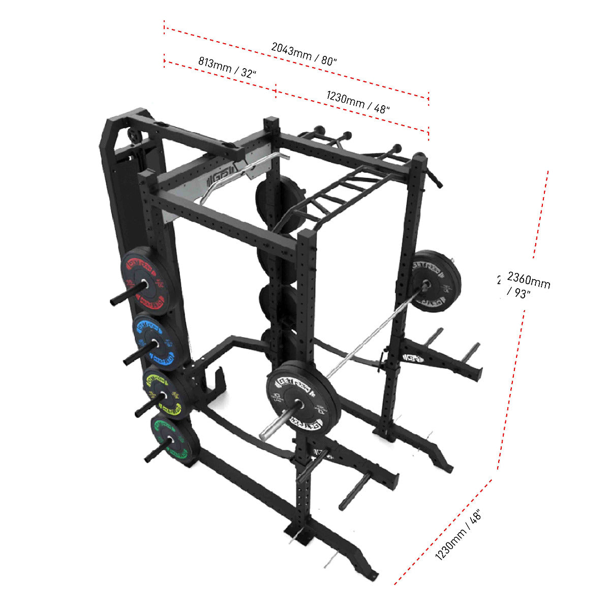 4-Post Builder Power Rack (4' Depth): with optional High-Low Cable Attachment and Front Feet Extensions