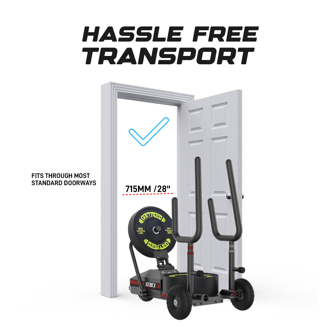 Xebex Fitness XT3 Plus V2 Sled Stores vertically to save space and designed to fit through standard doorways