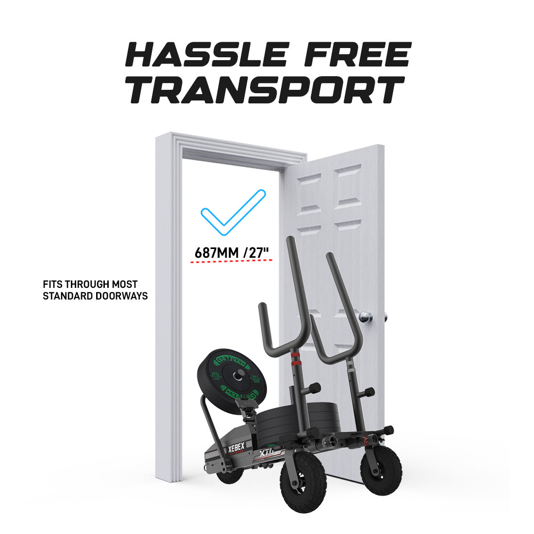 Xebex Fitness XT4 Sled Stores vertically to save space and designed to fit through standard doorways