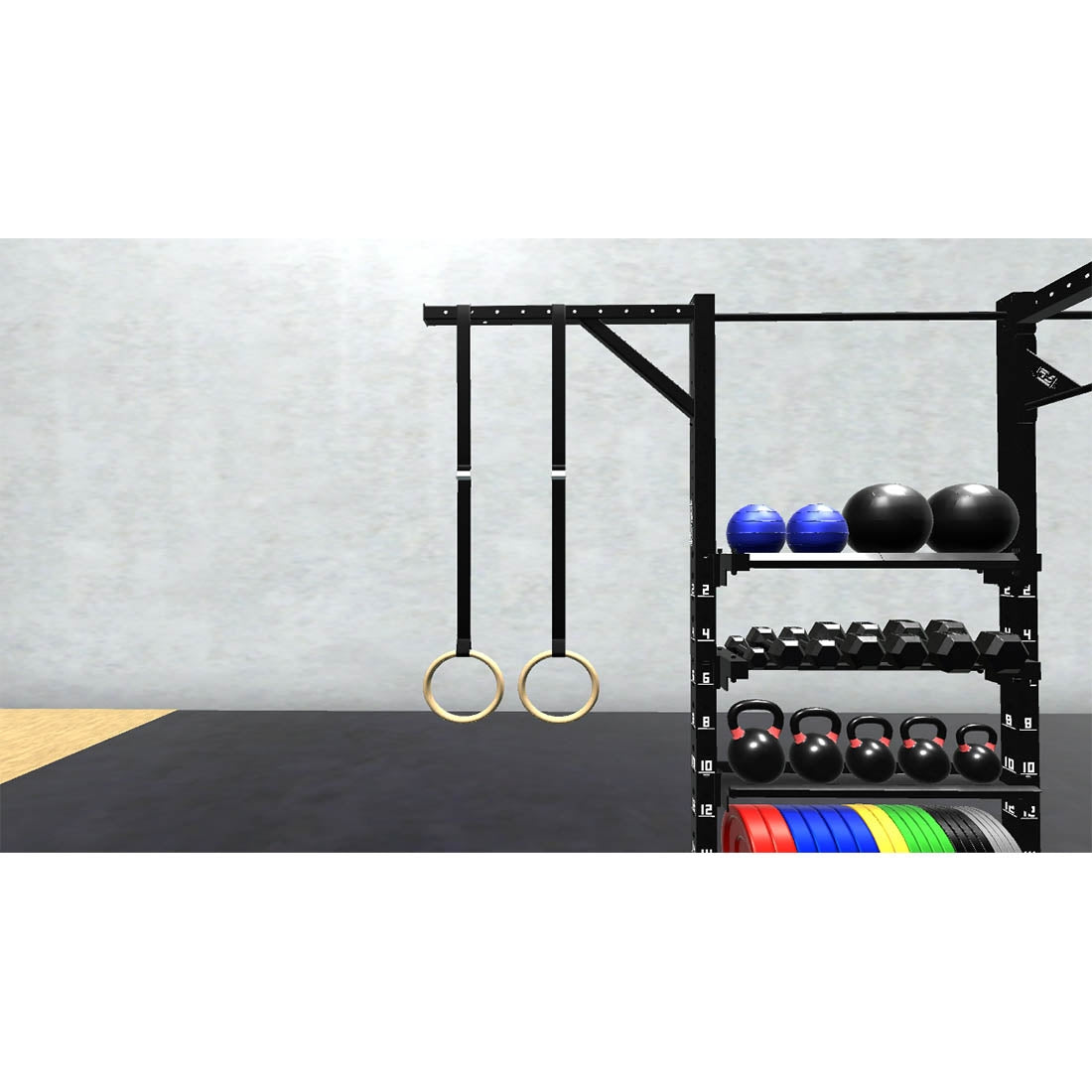 Bars, plates, dumbbells, kettlebells, and other accessories sold separately.