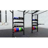 Bars, plates, dumbbells, kettlebells, and other accessories sold separately.