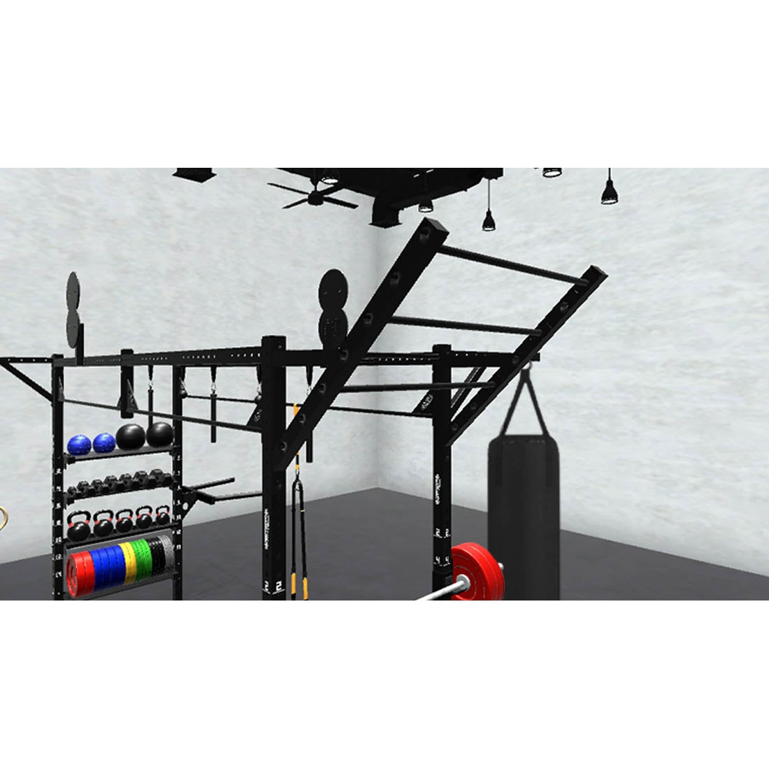 Bars, plates, dumbbells, kettlebells, and other accessories sold separately.