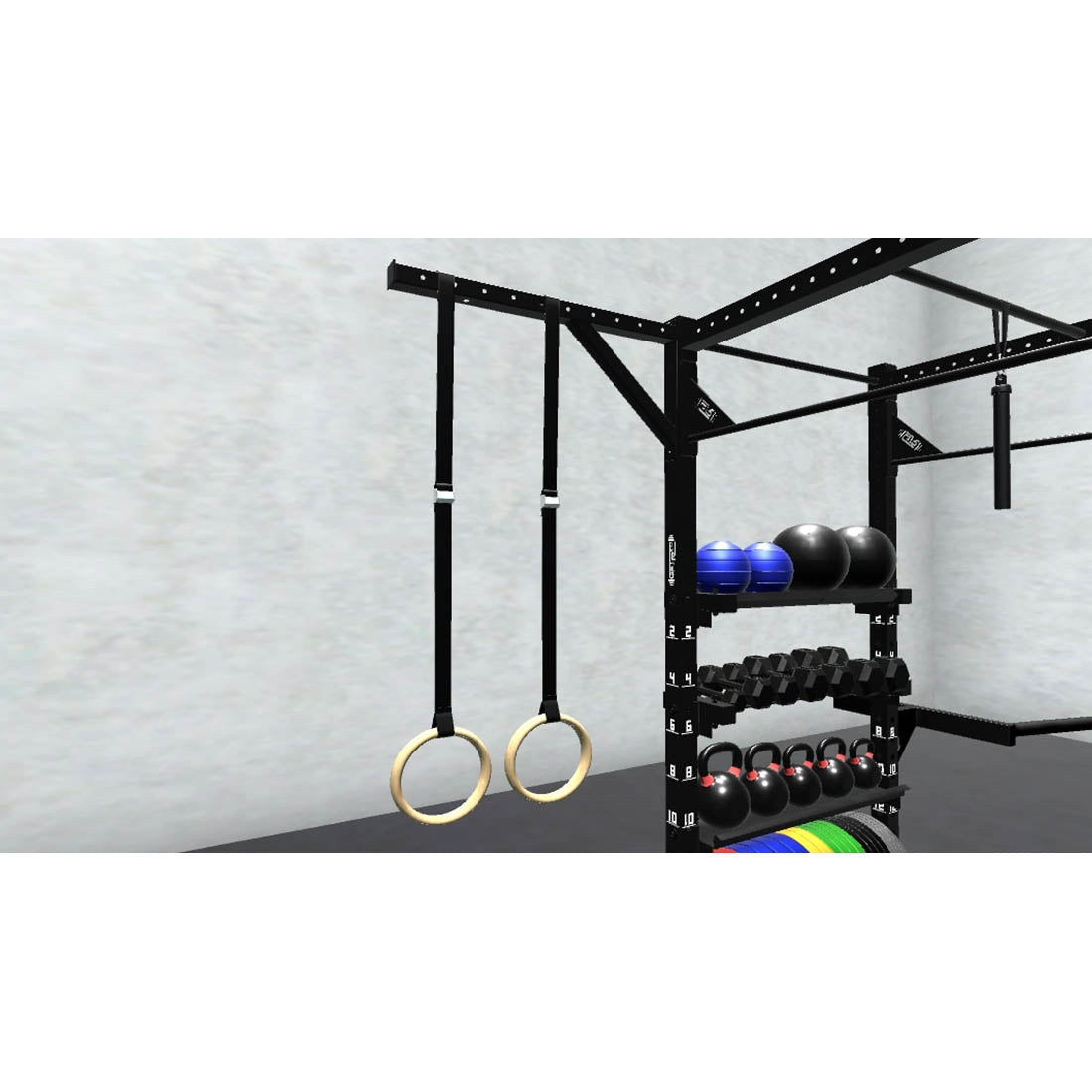 Bars, plates, dumbbells, kettlebells, and other accessories sold separately.