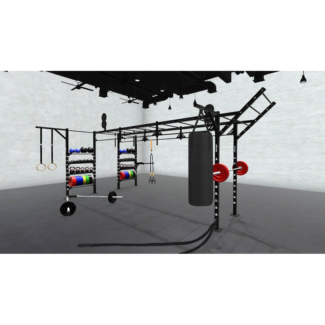 Bars, plates, dumbbells, kettlebells, and other accessories sold separately.