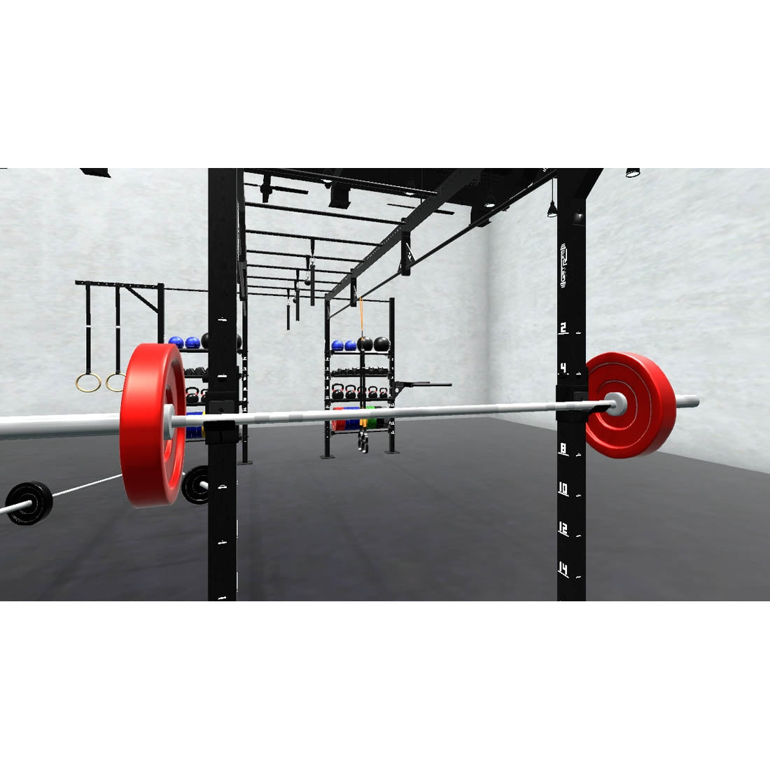 Bars, plates, dumbbells, kettlebells, and other accessories sold separately.