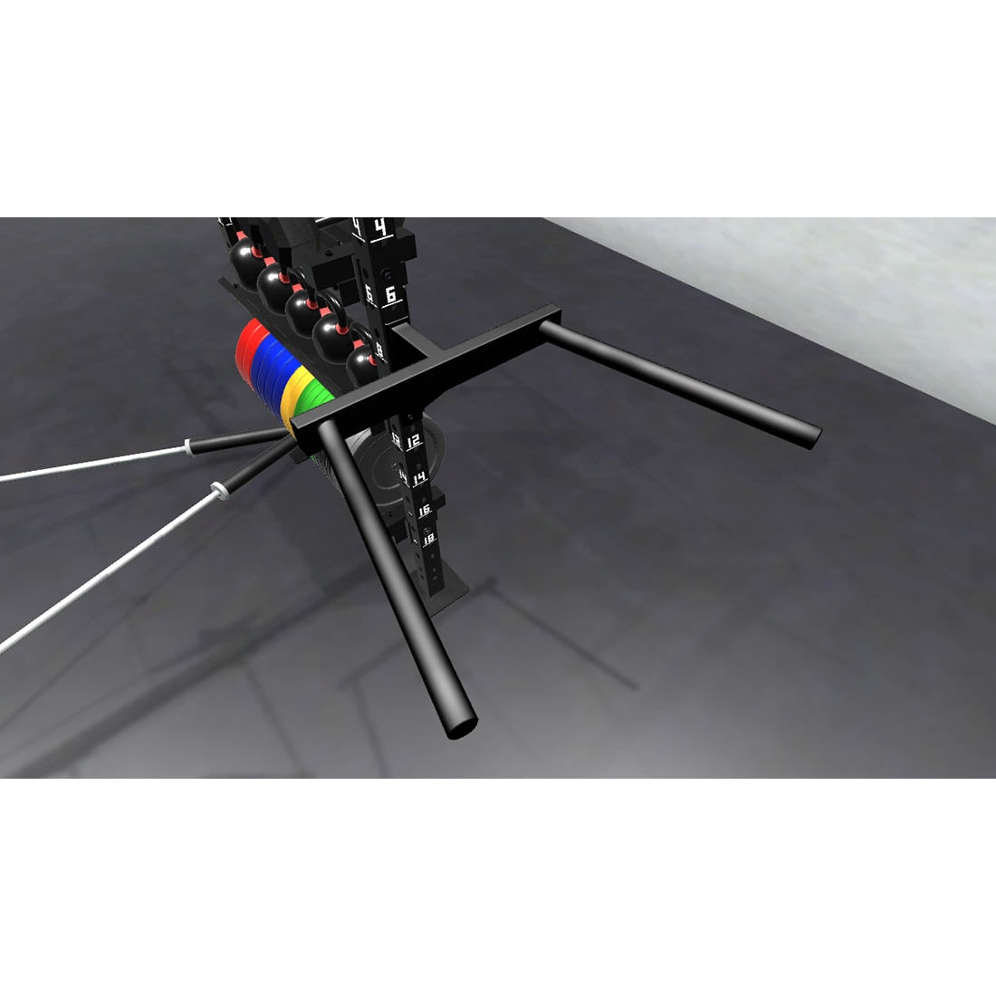 Bars, plates, dumbbells, kettlebells, and other accessories sold separately.
