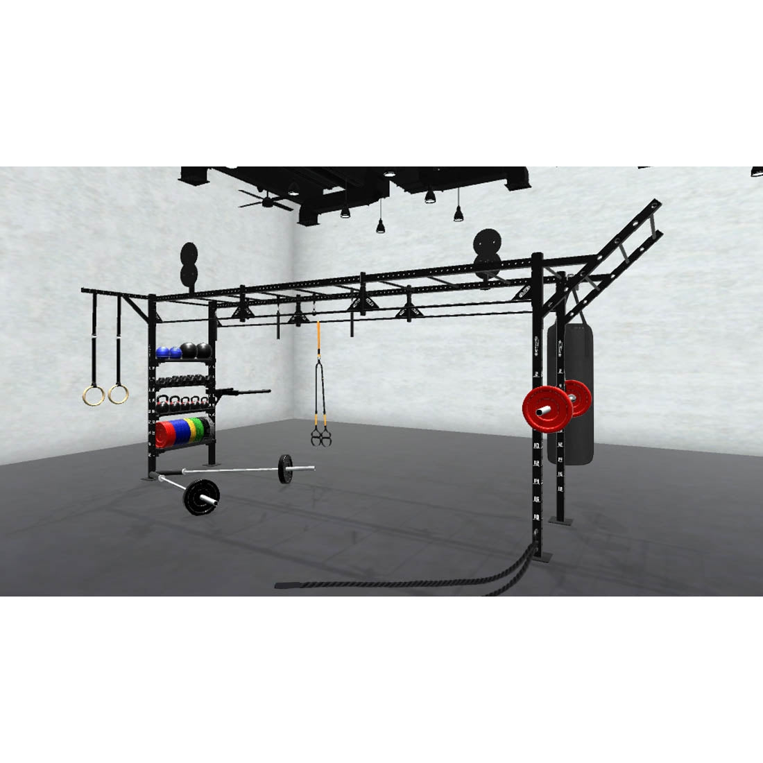 Bars, plates, dumbbells, kettlebells, and other accessories sold separately.