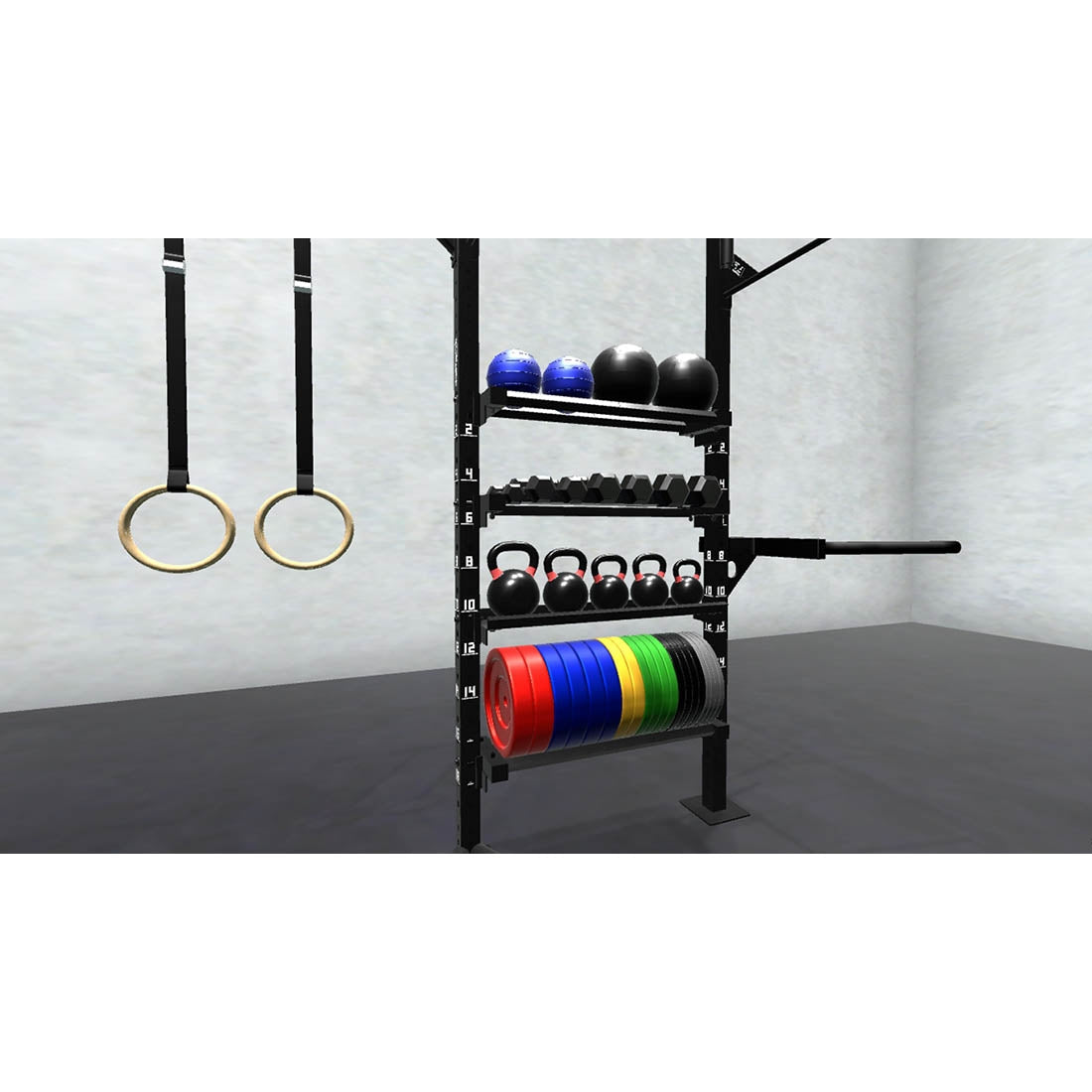 Bars, plates, dumbbells, kettlebells, and other accessories sold separately.