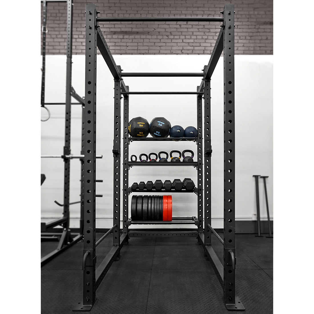 4' Shelves from Top to Bottom: Med Ball Shelf, Kettlebell Shelf, Dumbbell Shelf, Plate Shelf