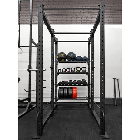 4' Shelves from Top to Bottom: Med Ball Shelf, Kettlebell Shelf, Dumbbell Shelf, Plate Shelf