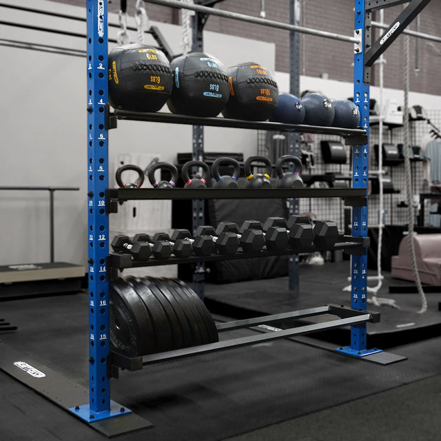 6' Shelves from Top to Bottom: Med Ball Shelf, Kettlebell Shelf, Dumbbell Shelf, Plate Shelf