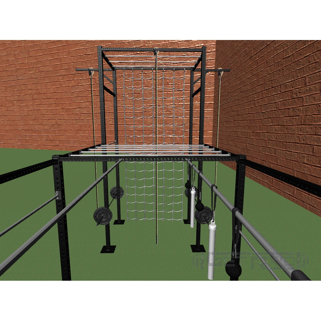3rd: you are presented with 2 parallel bars. Choose to get to the other side by using only 1 bar, both bars, or the (optional added) hanging light bulb and pipe bomb grips!
<br>
4th: move across a 6' span of monkey bars to the 15' sisal climbing rope!
