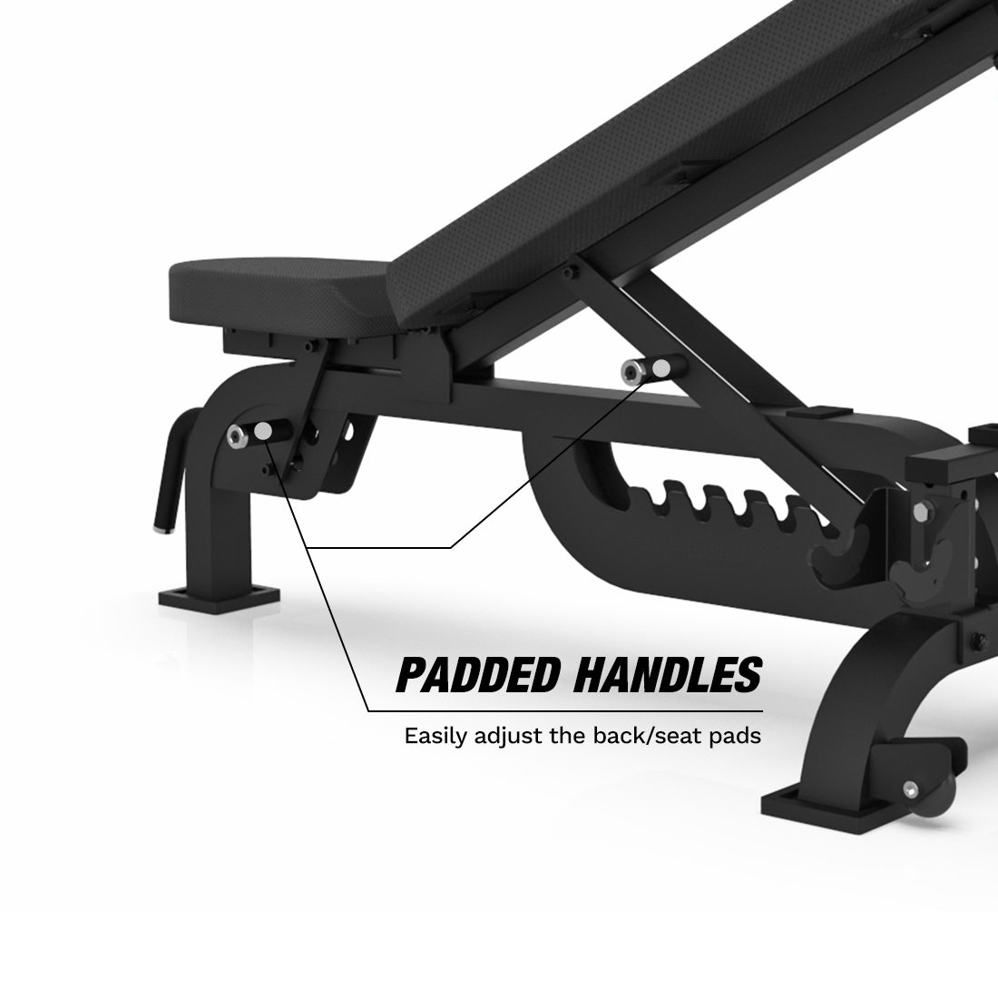 Padded seat and back pad adjustment handles