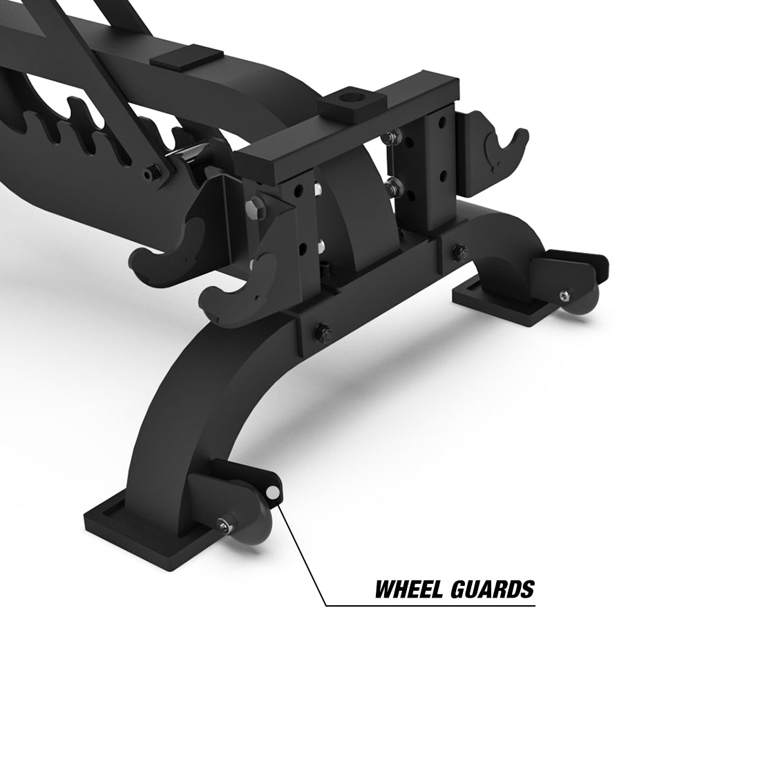 Metal guards protect wheels from wear and tear