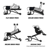 Flat, decline bench, and incline exercises + Russian Twist w/ optional FIDAB-LR4