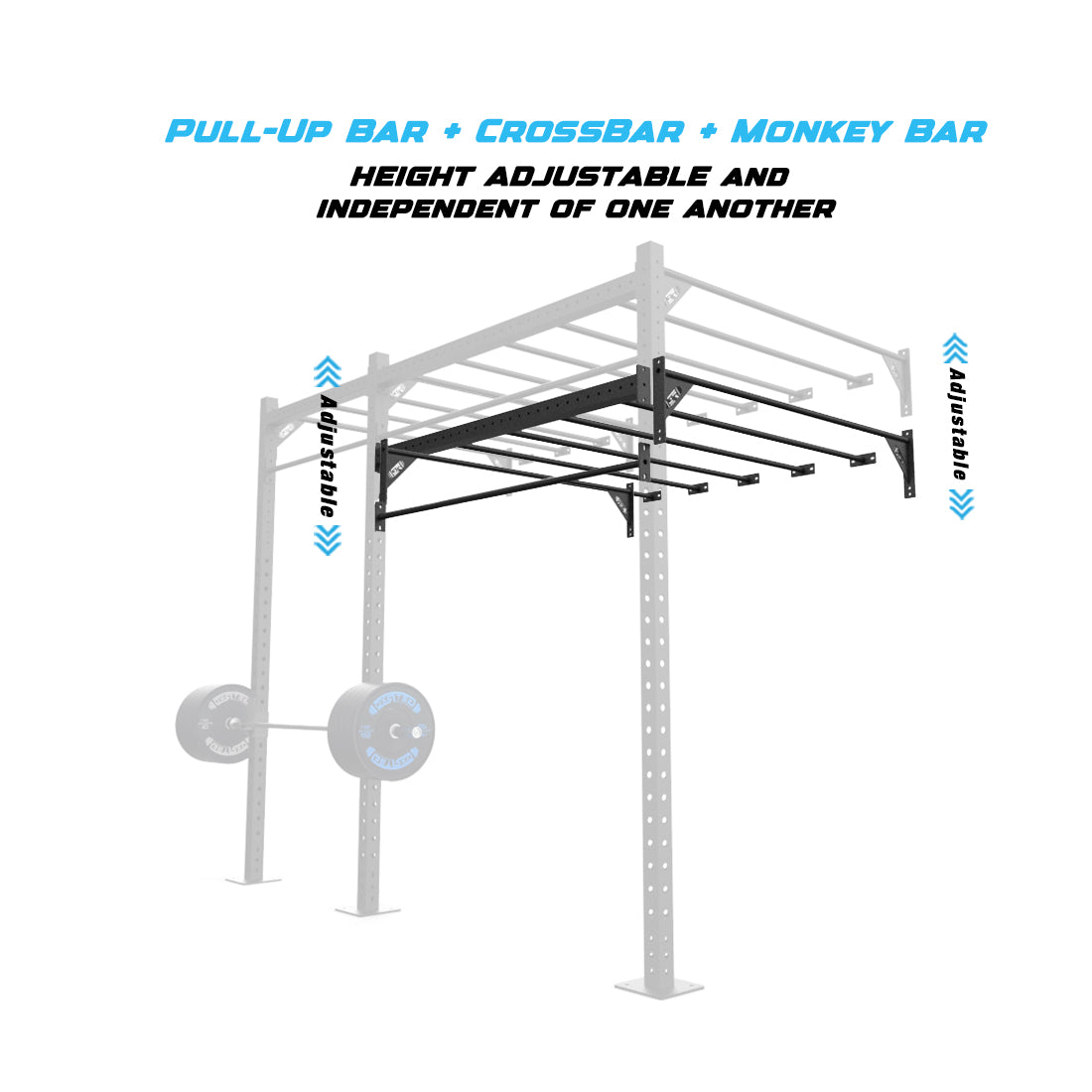 10' Wall-Mount Builder® Pull Up Rig  Pull-Up Bar, Crossbar and Monkey Bar Adjustability					
