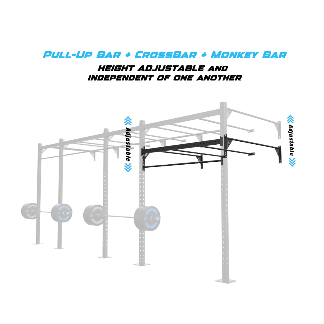 20' Wall-Mount Builder® Pull Up Rig  Pull-Up Bar, Crossbar and Monkey Bar Adjustability					
