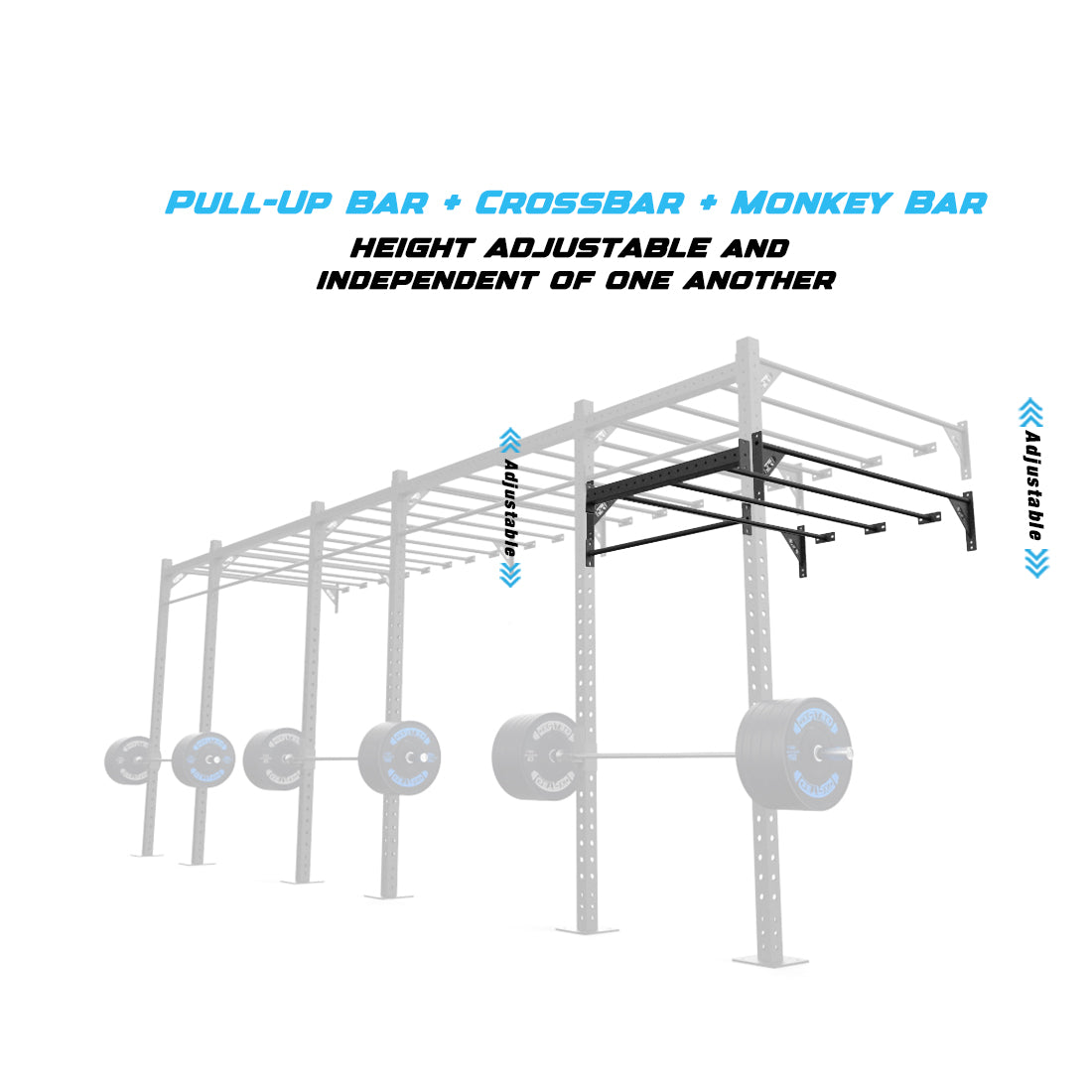 24' Wall-Mount Builder® Pull Up Rig  Pull-Up Bar, Crossbar and Monkey Bar Adjustability					
