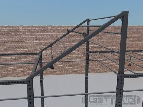 Then up a 4' ramp of alternating height monkey bars which takes you up to 12', and finally down 3' of monkey bars that take you to the final 6' of the course