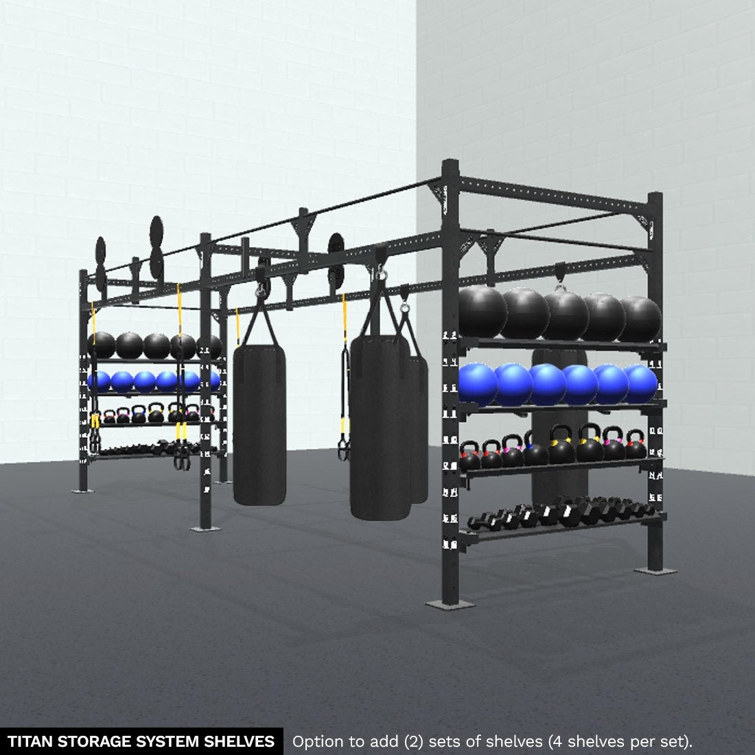 Double Wall Ball Targets are currently unavailable. 24' HIIT Studio Rig with 2x Sets of Shelves, 4x Double Wall Ball Targets, 4x Shackles, 4x Heavy Bags