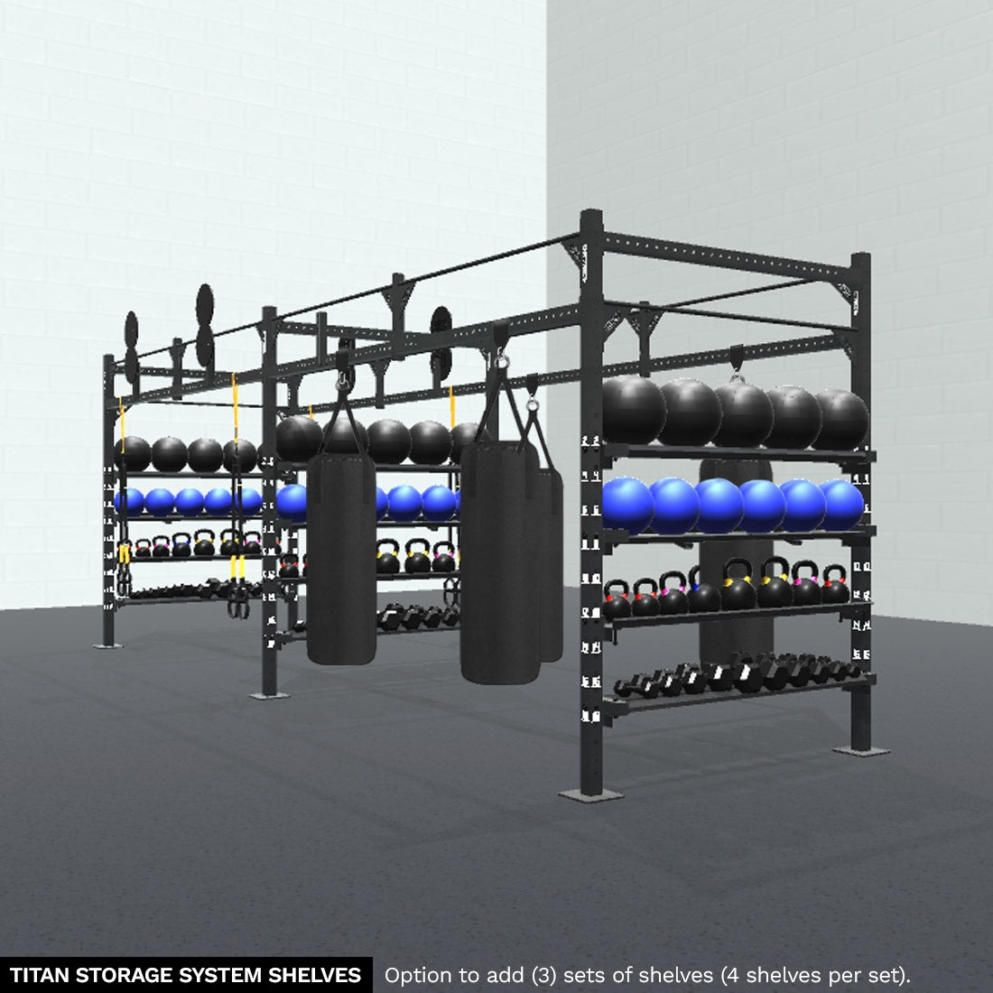 Double Wall Ball Targets are currently unavailable. 24' HIIT Studio Rig with 3x Sets of Shelves, 4x Double Wall Ball Targets, 4x Shackles, 4x Heavy Bags